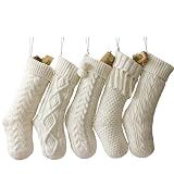 Farmhouse Knitted Personalized Christmas Stockings: 5 Pack 18 Inch Rustic Cable Knit Fireplace Cozy Hanging Xmas Stockings Boho Style Stocking Decorations for Family Holiday Décor, White Beige