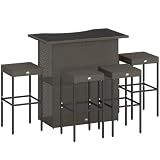 Outsunny 5 Pcs Rattan Wicker Bar Set, High Top Outdoor Table and Chairs, Bar Height Patio Set with Glass Table Top 2 Tier Storage Shelf, and 4 Bar Stools for Garden, Poolside, Dark Brown