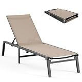 Ciokea Aluminum Chaise Lounge Ourdoor - Foldable & Assemble Free Outdoor Lounge Chair with 5 Adjustable Backrest, Patio Lounge Chair for Outside Poolside Beach Pool, Khaki