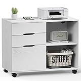 DUMOS Lateral File Cabinet with 3 Drawers Rolling Filing Cabinets Under Desk Storage Printer Stand Wood Organizer with Wheels Adjustable Shelf for Office Home Small Space, White