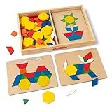 Melissa & Doug Pattern Blocks and Boards with 120 Multi-Colored Wooden Shape Tiles, 5 Double-Sided Puzzle Boards, Tangram Puzzles, Montessori Toys for Girls & Boys