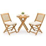 Tangkula 3 Pieces Acacia Wood Patio Folding Bistro Set, Outdoor Table and Chairs Set with Soft Cushions, Patio Furniture Set for Porch, Balcony, Garden, Deck and Backyard