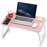 ZEAPTAC Laptop Bed Desk, Foldable Lap Table, Portable Study Table, Laptop Stand with Cup Holder & Tablet Slot & Lifting Handle for Working Writing Drawing & Eating - Pink