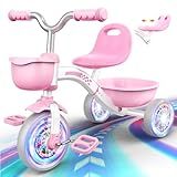 Toddler Tricycle for 1-3 3-5 Year Olds, Toddler Toys Baby Bike, Toys for Ages 2-4, 3-Level Adjustable Seat, 3 Colorful Lighting Wheels, 2 3 4 5 Year Old Girl Birthday Easter Gifts Pink