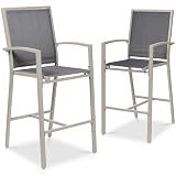 Best Choice Products Outdoor Bar Stools Set of 2, Bar Height, Patio Furniture, All Weather Mesh Design w/Armrest - Taupe/Charcoal