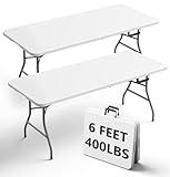 FurniEdge 6FT Folding Table 2 Pack, Heavy Duty Plastic Table with Handel, 400 lbs Portable Table, Reinforced Steel Legs, Fold-in-Half Table Ideal for Parties, Picnics, Weddings, Camping White