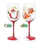 NymphFable Santa Reindeer Hand-Painted Wine Glass Christmas Gift, 15 oz