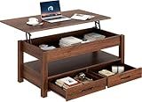 Rolanstar Coffee Table, Lift Top Coffee Table with Drawers and Hidden Compartment, Retro Central Table with Wooden Lift Tabletop, for Living Room,Espresso