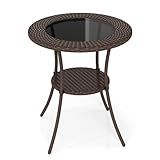 Tangkula 25.5" Wicker Patio Dining Table, Outdoor Round Bistro Side Table with Tempered Glass Top and Storage Shelf, for Balcony, Garden and Backyard