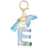 Initial letter Keychains for Women, Ocean Series Avowing Protect Earth Environment, Tassel Cute Car Keychain Initial Key Chain Keyring for Bookbag Handbag Backpack Charm Key Ring Unisex (Letter E)