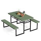 VINGLI Outdoor Picnic Table with Storage Shelf & Umbrella Hole, 4.5FT All Weather Metal Frame HDPE Tabletop Plastic Picnic Table for Dining Party Garden(Green)
