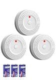 Smoke Detector, Lecoolife, 9V Battery Operated Smoke Alarm with LED Indicator, Silence Button, Battery Powered, White, 3 Pack