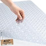 GORILLA GRIP Patented Bath Tub Shower Mat, Machine Washable Bathtub Floor Liner Mats, Suction Cups and Drain Holes to Keep Tubs Clean, Soft on Feet, Bathroom Essentials, 35x16 Inch, Clear
