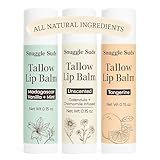 Snuggle Suds Grass-Fed Beef Tallow Lip Balm 3-Pack (0.15 oz Each) - Jojoba & Squalane Oils, Beeswax, Vitamin E, Chamomile & Calendula Infused - Ultra-Hydrating Lip Moisturizer - Variety