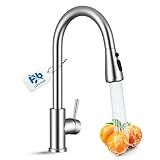Kitchen Faucet with Pull Down Sprayer, VFAUOSIT Lead-Free Kitchen Sink Faucet Brushed Nickel Stainless Steel Modern High Arc Pull Out Single Hole Kitchen Faucets for Bar RV Bathroom Sink Faucets