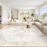 VECARF Area Rug 8x10 Washable Rug, Vintage Boho Medallion Rugs Non-Slip Soft Low Pile Large Distressed Rug Indoor Retro Carpet for Living Room Bedroom Dining Room Office Children's Room(Beige, 8'x10')