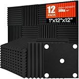 Saiqiang Acoustic Foam Panels Sound Absorbing 12 Pack - 1" X 12"X 12" Sound Proof Panels Noise Reducing for Walls, High Density Sound Deadening Panels Black Wedge for Studio Recording & Office & Home