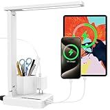 COZOO Dimmable Desk Table Lamp with Pen Holder/Organizer,Study LED Desk Lamp with USB Charging Port/Type C Port/Outlets/Storage Box/Touch,Kids Desk Reading Light for Students,Desk Lamp for Home Office