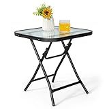 Giantex Folding Side Table, Square Small Patio Table, Tempered Glass Tabletop, Steel Frame, Weather-Resistant Outdoor Indoor Use for Bistro Porch Garden Balcony 18"x18"x18.5"