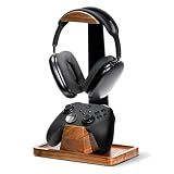 UPERGO Walnut Headphone Stand with Controller Holder & Storage Base