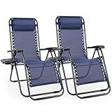 Sweetcrispy Zero Gravity Chairs, Set of 2 Portable Recliner Beach Camping Patio Outdoor Folding Lounge Chair with Cup Holder Trays and Adjustable Pillow for Poolside, Garden, Backyard, Lawn (Blue)