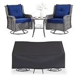 Wumiokio Patio Furniture Sets, 3 Pieces Wicker Outdoor Furniture - 360 Degree Swivel Rocking Chairs and Rattan Side Table for Garden,Porch,Backyard (Grey Wicker/Blue Cushion, 3PCS - Swivel Chairs)