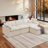 Korser 110" Cloud Sectional Couches for Living Room, Modern Modular Sectional Sofa with Ottoman, Boneless Cloud Couch with Comfy Deep Seats, Fluffy Chenille L-Shape Sofa Couch for Living Room, Beige