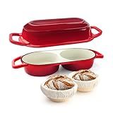 YONILL Mini Double Dutch Oven for Sourdough Bread Baking - Enameled Cast Iron Dutch Oven Pot with Lid and 5" Banneton Bread Proofing Basket Kit, Dual Round Bread Loaf Pan for Homemade Baking (Red)