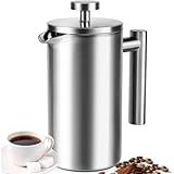 French Press 34 oz, Full Stainless Steel French Press Coffee Maker 4 Cups, Upgrated Double-Walled Insulated French Coffee Presses, Food Grade Good for Kitchen Camping, Dishwasher Safe 2 More Filters