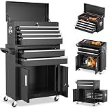 INTERGREAT 8-Drawers Rolling Tool Chest, Assembled Tool Chest with Wheels, Detachable Top Tool Box, Tool Cabinet for Repair Room,Warehouse, Rolling Tool Box with Hooks,Tray Divider,Liners(Black)
