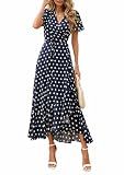 PRETTYGARDEN Women's Boho Floral Maxi Dress Summer Short Sleeve Wrap V Neck Long Flowy Beach Vacation Wedding Guest Dresses (Dot Navy White,Large)