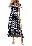 PRETTYGARDEN Women's Boho Floral Maxi Dress Summer Short Sleeve Wrap V Neck Long Flowy Beach Vacation Wedding Guest Dresses (Dot Navy White,Large)