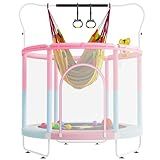 VGMiu 60" Trampoline for Kids, 5 FT Toddler Trampoline Indoor & Outdoor with Enclosure Net, Adjustable Gymnastics Bars, Basketball Hoop, Birthday Gifts for Kids, Age 3-8 (Pink/Blue)