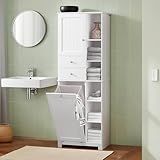 Hestiamo Laundry Room Storage Cabinet with Tilt-Out Hamper and Removable Basket, Bathroom Laundry Cabinet with Shelves, Modern Hidden Hamper Cabinet Organizer, White HUS-BZR104