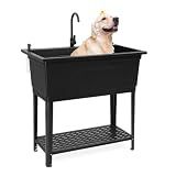 Vingli 37-Gallon Freestanding Utility Sink with Faucet, 36" Heightened Basin for Laundry, Garage, Outdoor Garden, Pet Wash, Heavy Duty Plastic Laundry Tub with Storage Shelf, 40"L×24"W×36"H, Black