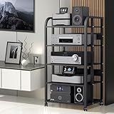 OVZXSD 5-Tier Av Media Stand with Wheels, Audio Tower Rack with Adjustable Shelves, Stereo Racks and Stands with Storage Shelves, Media Console for Home, Office, Theater, Black
