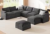 HOMYHOMEY Modular Sectional Sofa Couch for Living Room Velvet Couches Oversized U Shaped Convertible Sleeper Sofa Chaise Detachable Armrest Cushion Cup Holder (Grey, 8 Seats)