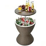 Tangkula Outdoor Cool Bar Table, Rattan Style Patio 8 Gallon Beer and Wine Cooler, All-Weather Ice Bucket w/Height Adjustable Top, Drainage Plug, 3-in-1 Cocktail Coffee Table for Party, Pool (Coffee)