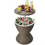 Tangkula Outdoor Cool Bar Table, Rattan Style Patio 8 Gallon Beer and Wine Cooler, All-Weather Ice Bucket w/Height Adjustable Top, Drainage Plug, 3-in-1 Cocktail Coffee Table for Party, Pool (Coffee)