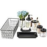 SheeChung 8PCS Bathroom Accessories Set Complete - Soap Dispenser, Mason Jar Toothbrush Holder, 2pcs Qtip Holders, Flower Vase, Soap Holder, Vanity Tray, Toilet Paper Storage, Bathroom Set-Black