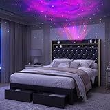 SIBEDS Queen LED Bed Frame with 2 Storage Drawers, PU Upholstered Platform Beds with Galaxy Star Projector Charging Station Speaker, Aurora Bedframe with 2-Tier Storage Headboard, Noise-Free, Black