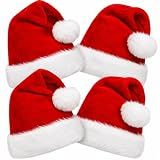 COOLJOY 4 Pack Plush Santa Hats, Christmas Santa Hats for Christmas Party, Adult size Xmas Holiday Hat for Unisex Kids Party Supplies