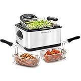 Elite Gourmet EDF-401T Electric 4.5 Qt. / 17 Cup Immersion Deep Fryer 3-Baskets, 1700-Watt, Timer Control Adjustable Temperature, Lid with Viewing Window and Odor Free Filter