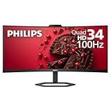 Philips 34E1C5600HE 34" UltraWide QHD 21:9 Monitor with Built-in Windows Hello Webcam & Noise Canceling Mic, USB-C Docking, Stereo Speakers, 100Hz, 4-Year Advance Replacement,Black