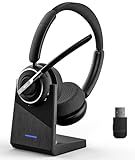 PrancyBt Wireless Headset, Bluetooth Headset with AI Noise Cancelling Mic, Bluetooth V5.2 Headphones with USB Dongle, Charging Base & Mic Mute for PC/Cell Phones/Call Center (Binaural, Black)