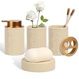 Kukikan Ceramic Bathroom Accessories Set, 4 Pcs-Includes Lotion Soap Dispenser, Toothbrush Holder, Vanity Tray, and Tumbler, Modern Bathroom Decor Organizer with Soap Dish, Apothecary Jar, Beige Color