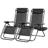 Nazhura Set of 2 Relaxing Recliners Patio Chairs Adjustable Steel Mesh Zero Gravity Lounge Chair Beach Chairs with Pillow and Cup Holder Black