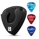 ROTOPATA Guitar Pick Holder With 15 Celluloid Picks (5×0.5mm, 5×0.75mm, 5×1.0mm) and a Clear Storage Box, Black Guitar Pick Case with Adhesive, Stuck on Guitar, Electric, Acoustic, Ukulele, Bass