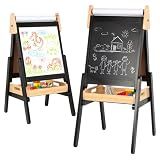 3 in 1 Easel for Little Kids with Wood Tray, Double Sided Wooden Easel with Paper Roll, Magnetic Whiteboard & Dry Erase Black Chalkboard, Height Adjustable Painting Standing for Toddlers Childrens 2-5