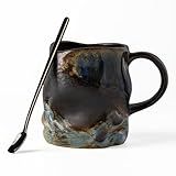 TaoTaojarvie 11 oz Hand-Painted Reactive Glaze Ceramic Espresso Mug, Unique Irregular Handmade Stoneware Cup with Coffee Spoon, Small Capacity Artisan Coffee Cup, Prop 65 Certified (Coffee Color)